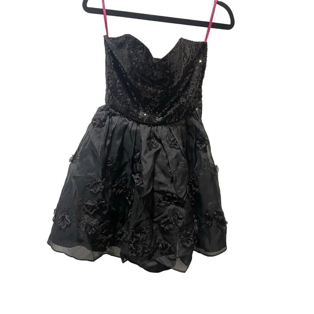 Betsey Johnson Black Sequin Corset Dress Tulle Floral Strapless Silk Women’s Siz